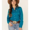Cinch Women's Teal Solid Button Front Long Sleeve Western Shirt  -Cowboy Wear Shop 2000330809 442 P1