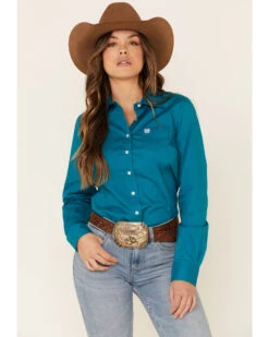 Cinch Women's Teal Solid Button Front Long Sleeve Western Shirt 