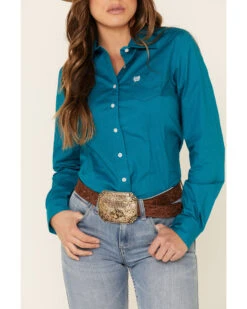 Cinch Women's Teal Solid Button Front Long Sleeve Western Shirt  -Cowboy Wear Shop 2000330809 442 P3
