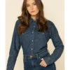 Wrangler Women's Dark Denim Washed Long Sleeve Pearl Snap Western Shirt 