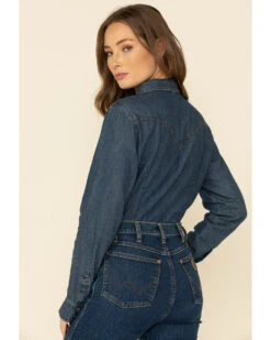 Wrangler Women's Dark Denim Washed Long Sleeve Pearl Snap Western Shirt 9 Wrangler Women's Dark Denim Washed Long Sleeve Pearl Snap Western Shirt -Cowboy Wear Shop 2000332587 400 P3