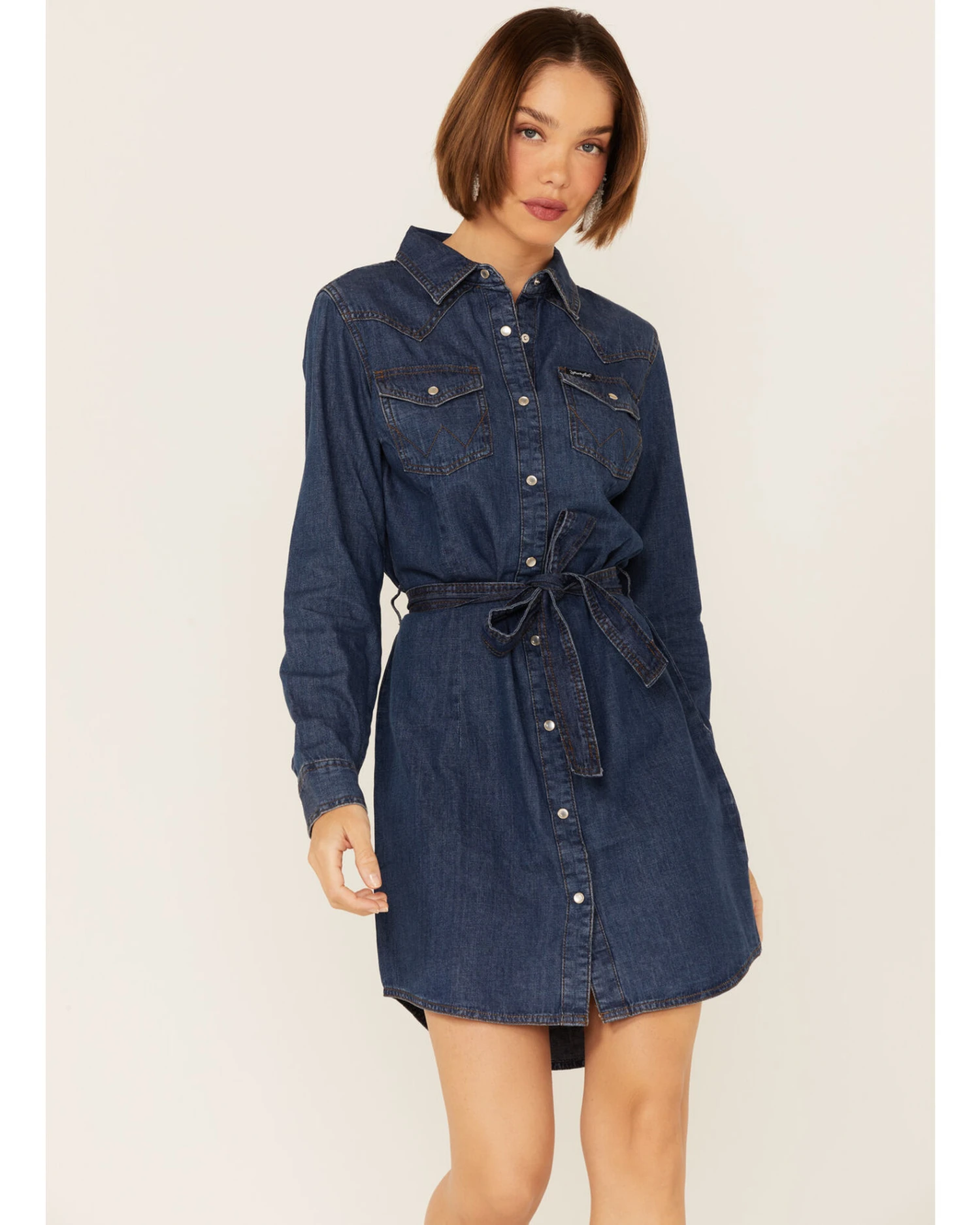 Wrangler Women's Dark Denim Washed Long Sleeve Western Shirt Dress 6 Wrangler Women's Dark Denim Washed Long Sleeve Western Shirt Dress - Image 4