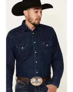 Wrangler Men's Dark Denim Solid Long Sleeve Western Shirt  -Cowboy Wear Shop 2000336113 401 P3