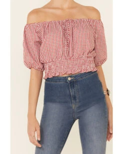 Beyond The Radar Women's Gingham Off-Shoulder Peasant Crop Top  -Cowboy Wear Shop 2000343879 600 P3