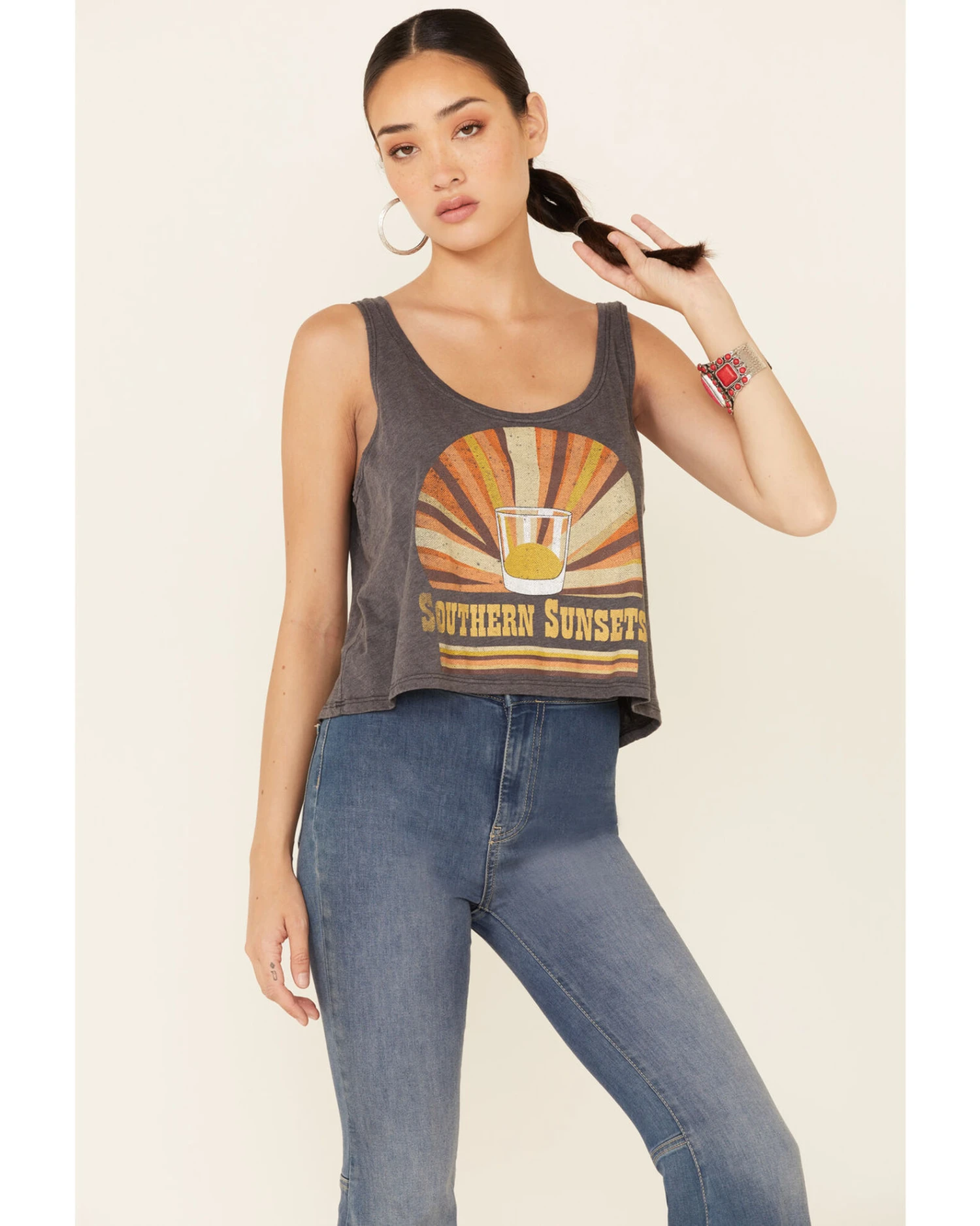 Goodie Two Sleeves Women's Charcoal Southern Sunsets Graphic Crop Tank Top 3 Goodie Two Sleeves Women's Charcoal Southern Sunsets Graphic Crop Tank Top