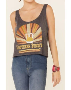 Goodie Two Sleeves Women's Charcoal Southern Sunsets Graphic Crop Tank Top 8 Goodie Two Sleeves Women's Charcoal Southern Sunsets Graphic Crop Tank Top -Cowboy Wear Shop 2000343919 022 P3