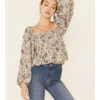 By Together Women's Floral Print Smocked Long Sleeve Crop Top 