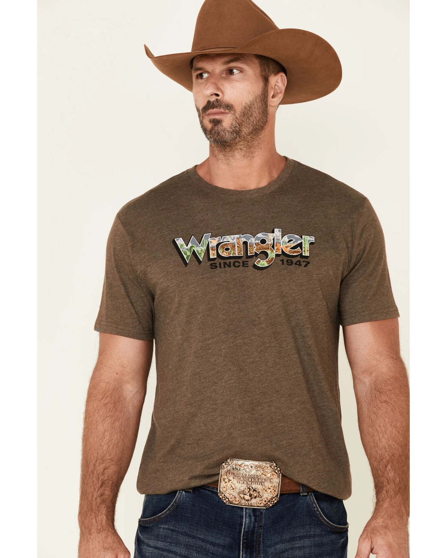 Wrangler Men's Heather Brown Desert Logo Short Sleeve T-Shirt 3 Wrangler Men's Heather Brown Desert Logo Short Sleeve T-Shirt