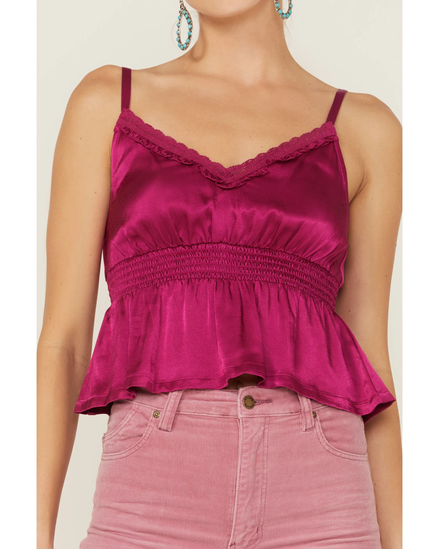 Shyanne Women's Fuchsia Satin Smocked Empire Cami 4 Shyanne Women's Fuchsia Satin Smocked Empire Cami - Image 2