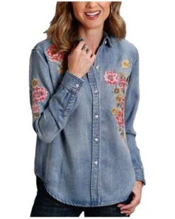 Stetson Women's Blue Denim Embroidered Long Sleeve Button Down Blouse Shirt
