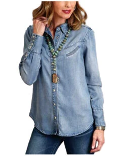 Stetson Women's Solid Denim Long Sleeve Snap Western ShirtÂ