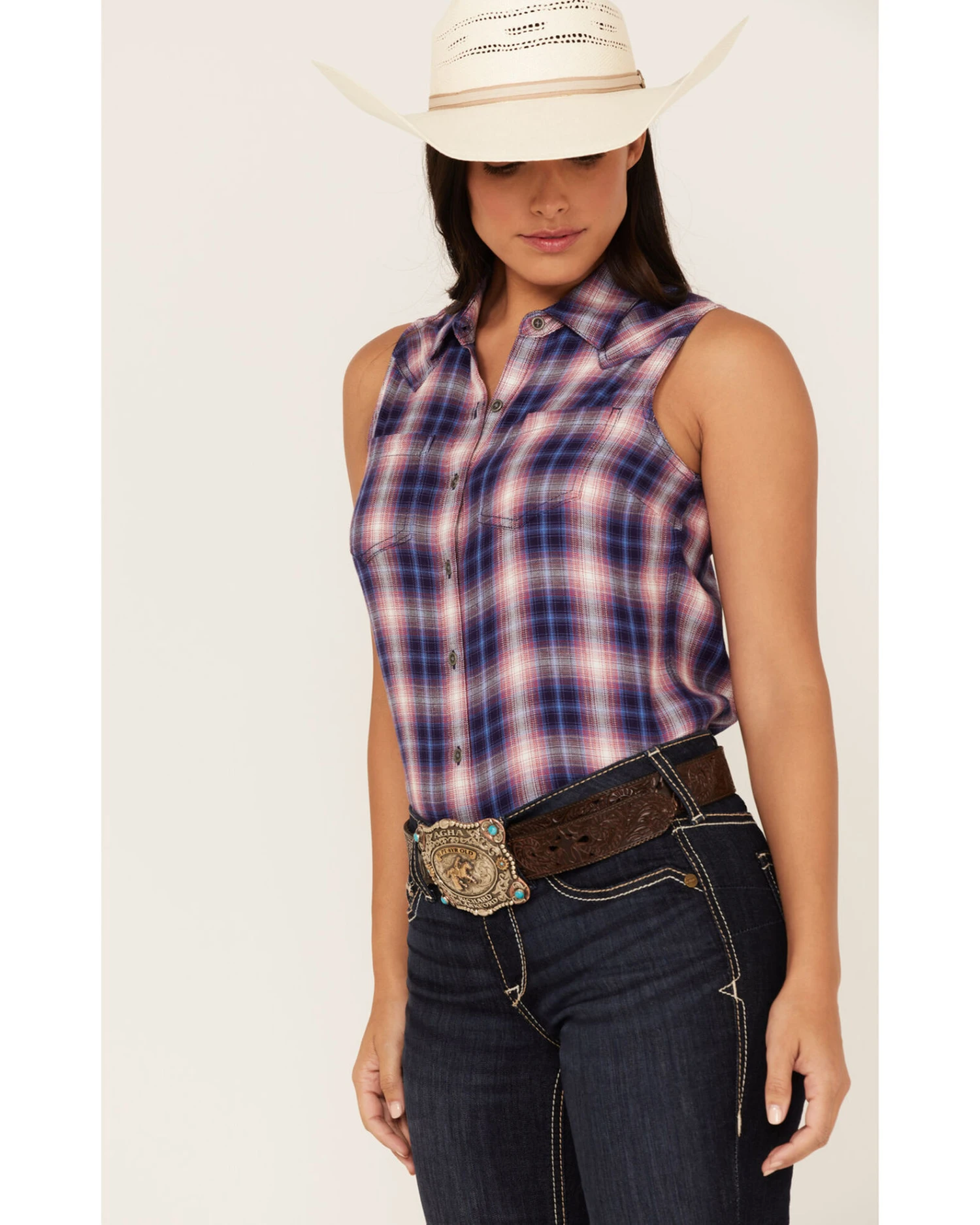 Ariat Women's R.E.A.L. Billie Jean Plaid Print Sleeveless Button-Down Western Shirt 4 Ariat Women's R.E.A.L. Billie Jean Plaid Print Sleeveless Button-Down Western Shirt - Image 2