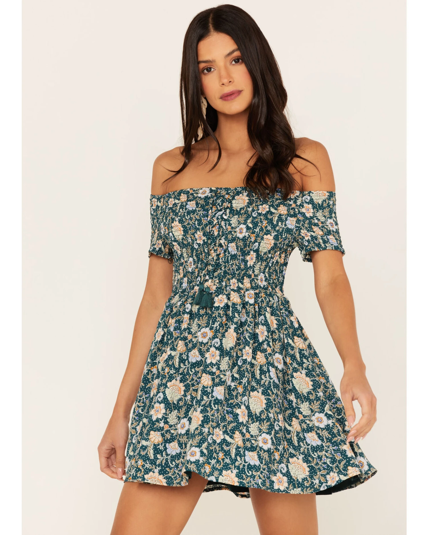 Shyanne Women's Floral Print Smocked Off Shoulder Dress 3 Shyanne Women's Floral Print Smocked Off Shoulder Dress