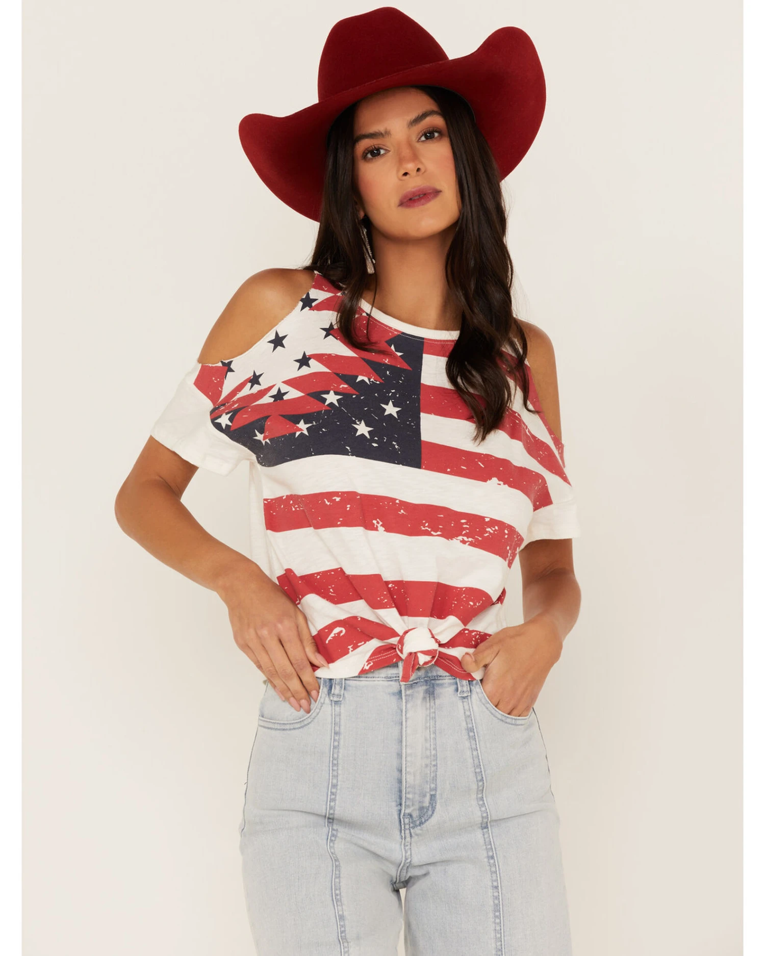 Shyanne Women's Americana Southwestern Flag Cold Shoulder Graphic Tee 3 Shyanne Women's Americana Southwestern Flag Cold Shoulder Graphic Tee