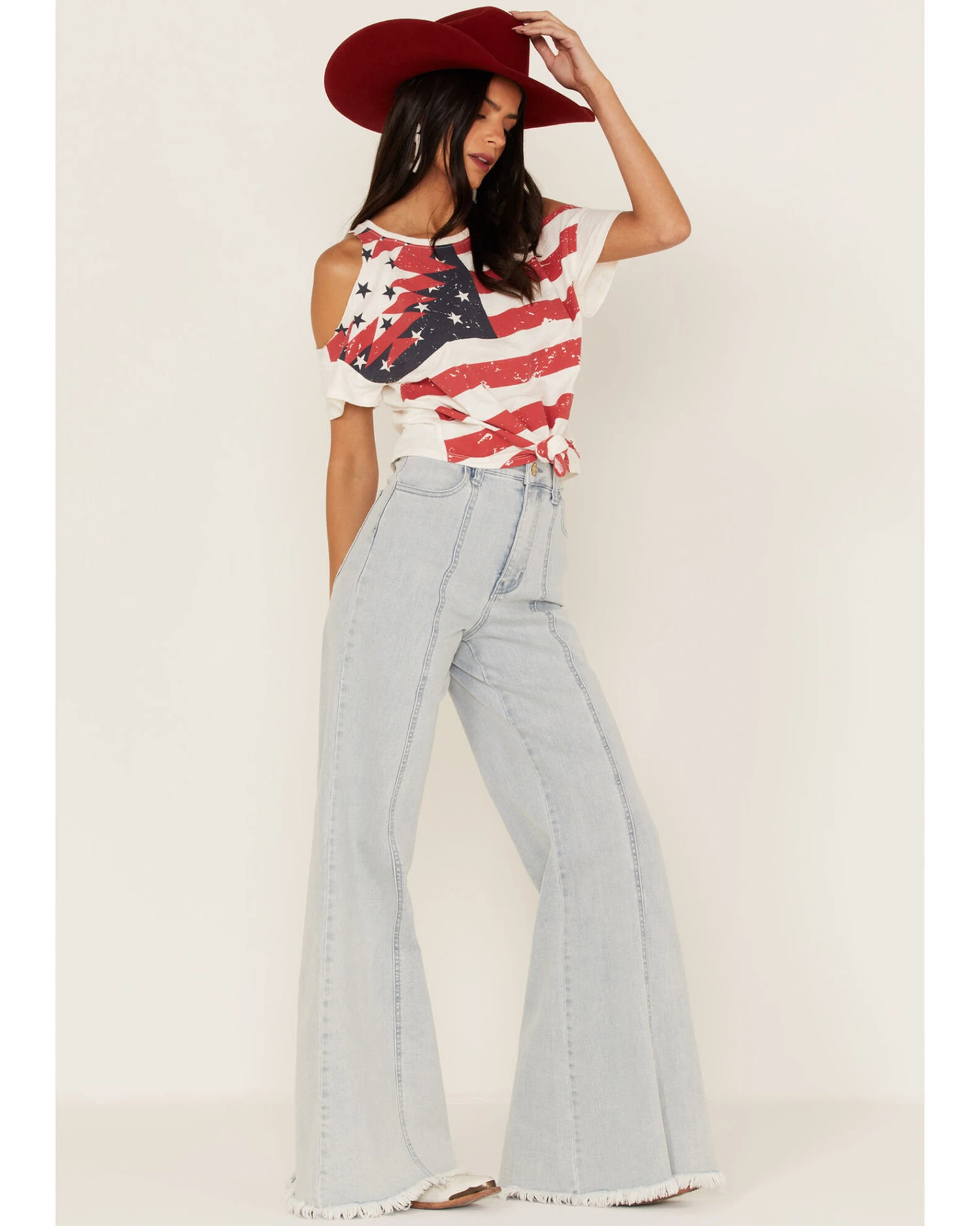 Shyanne Women's Americana Southwestern Flag Cold Shoulder Graphic Tee 4 Shyanne Women's Americana Southwestern Flag Cold Shoulder Graphic Tee - Image 2