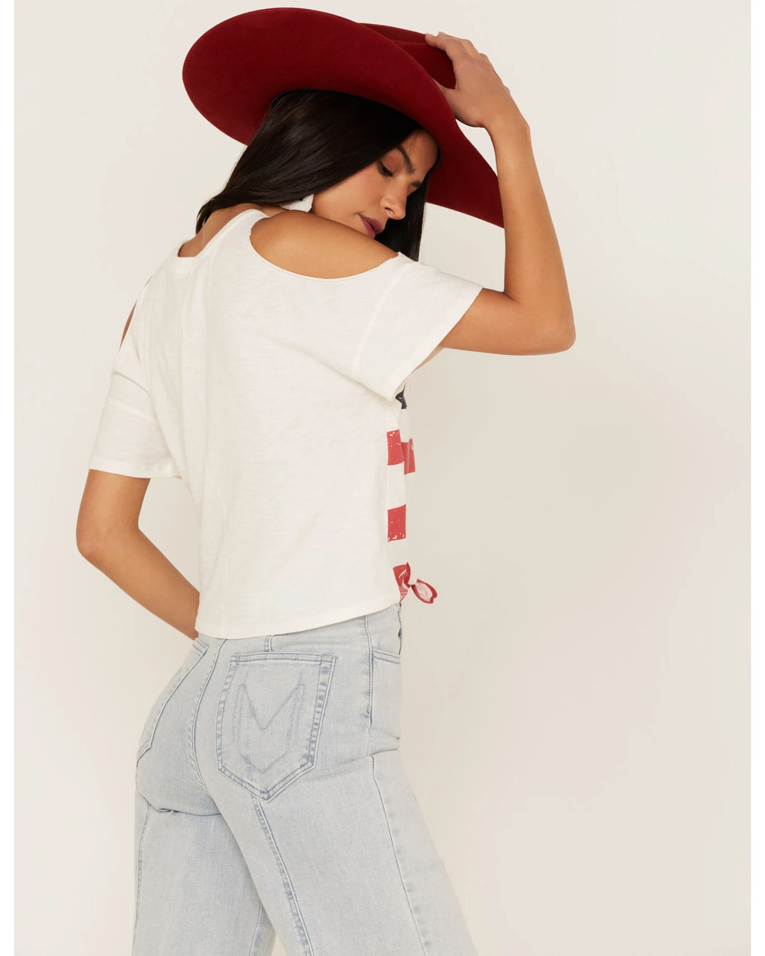 Shyanne Women's Americana Southwestern Flag Cold Shoulder Graphic Tee 6 Shyanne Women's Americana Southwestern Flag Cold Shoulder Graphic Tee - Image 4
