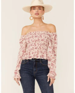 Beyond The Radar Women's Floral White Smocked Chiffon Off Shoulder Top
