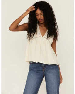 Molly Bracken Women's Ivory Lace Trim Cross Back Top