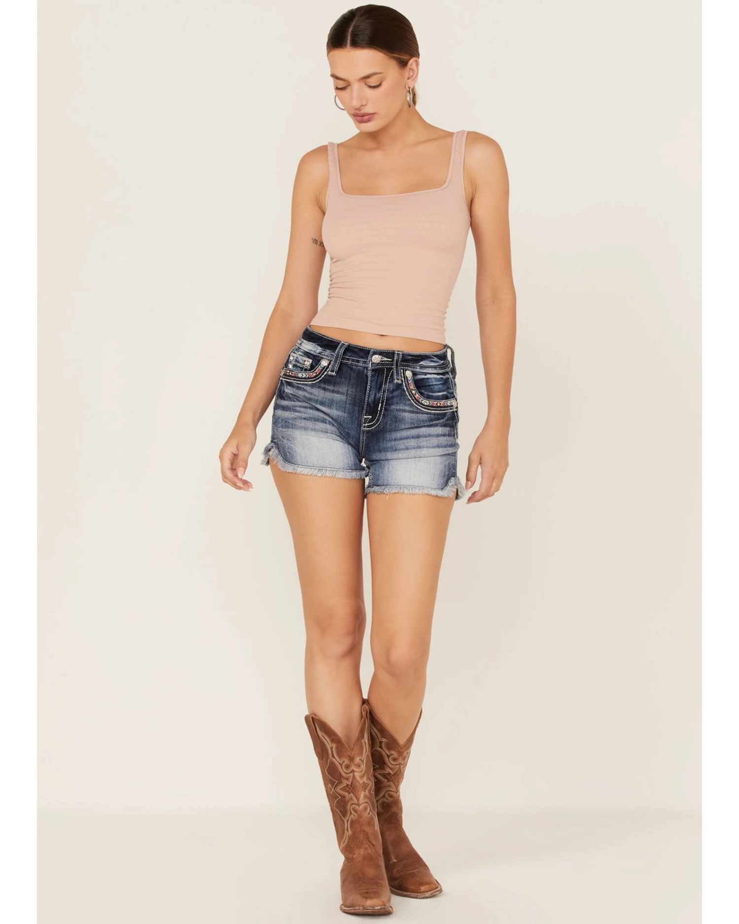 Miss Me Women's Dark Wash Southwestern Arrow Rhinestone Embroidered Denim Shorts 5 Miss Me Women's Dark Wash Southwestern Arrow Rhinestone Embroidered Denim Shorts - Image 3