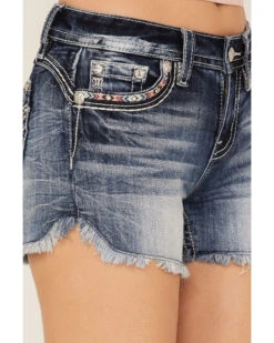 Miss Me Women's Dark Wash Southwestern Arrow Rhinestone Embroidered Denim Shorts 9 Miss Me Women's Dark Wash Southwestern Arrow Rhinestone Embroidered Denim Shorts -Cowboy Wear Shop 2000369031 414 P4