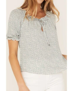 Jolt Women's Ditsy Floral Print Short Puff Sleeve Ruffle Shirt -Cowboy Wear Shop 2000371506 341 P2