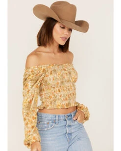 Jolt Women's Floral Print Smocked Long Sleeve Crop Top -Cowboy Wear Shop 2000371508 103 P2