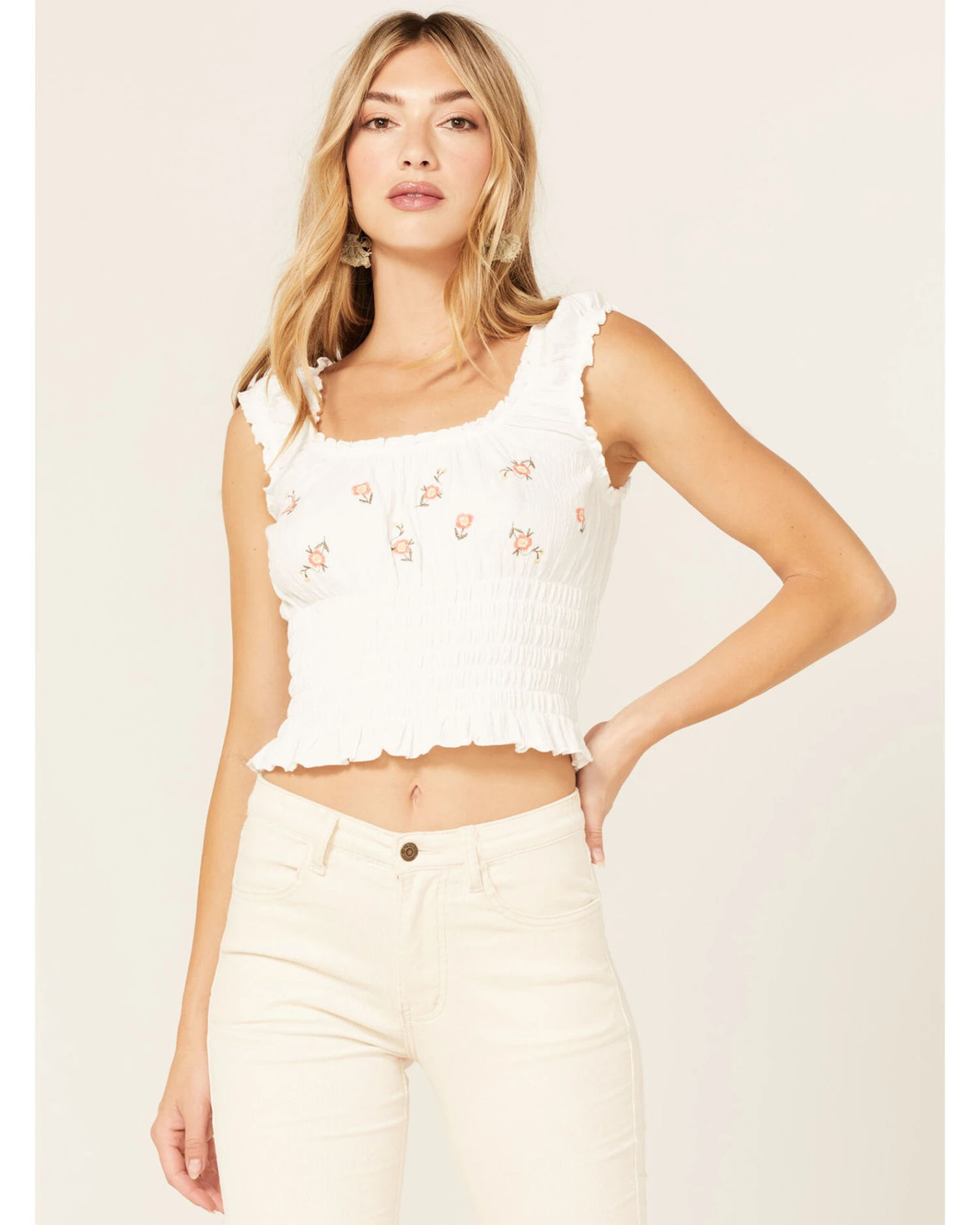 Jolt Women's Floral Embroidered Smocked Tank Top 4 Jolt Women's Floral Embroidered Smocked Tank Top - Image 2