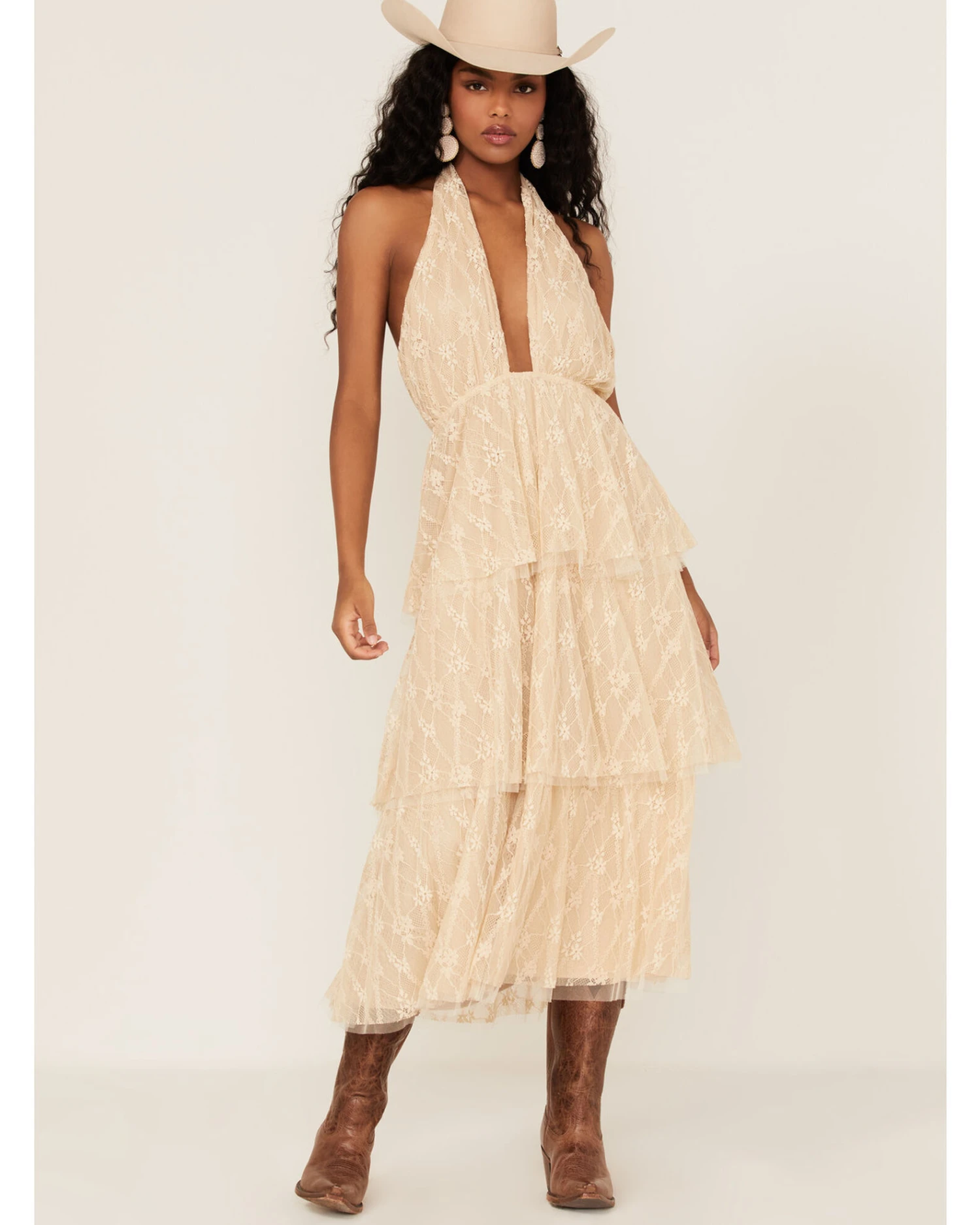 Flying Tomato Women's Floral Lace Halter Tiered Midi Dress 3 Flying Tomato Women's Floral Lace Halter Tiered Midi Dress