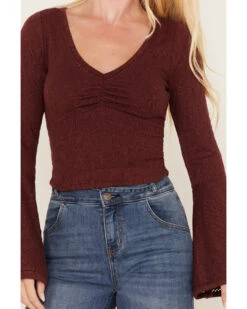 Shyanne Women's Deep V-Neck Bell Sleeve Crop Top -Cowboy Wear Shop 2000373000 646 P3