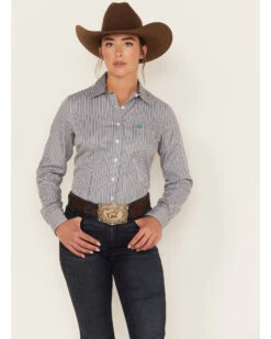 Cinch Women's Striped Geo Print Long Sleeve Button Down Shirt