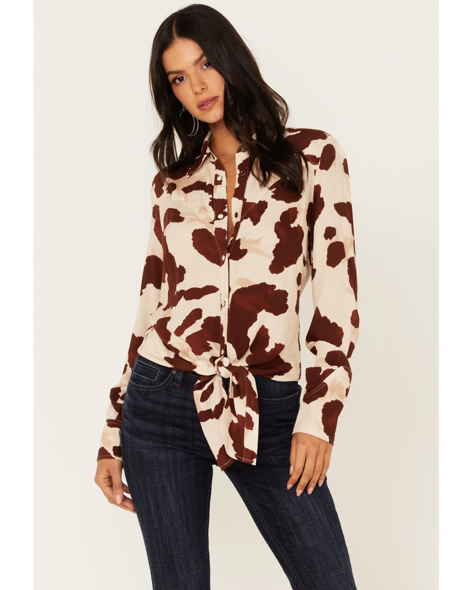 Idyllwind Women's Cow Print Tie Front Long Sleeve Western Shirt 3 Idyllwind Women's Cow Print Tie Front Long Sleeve Western Shirt