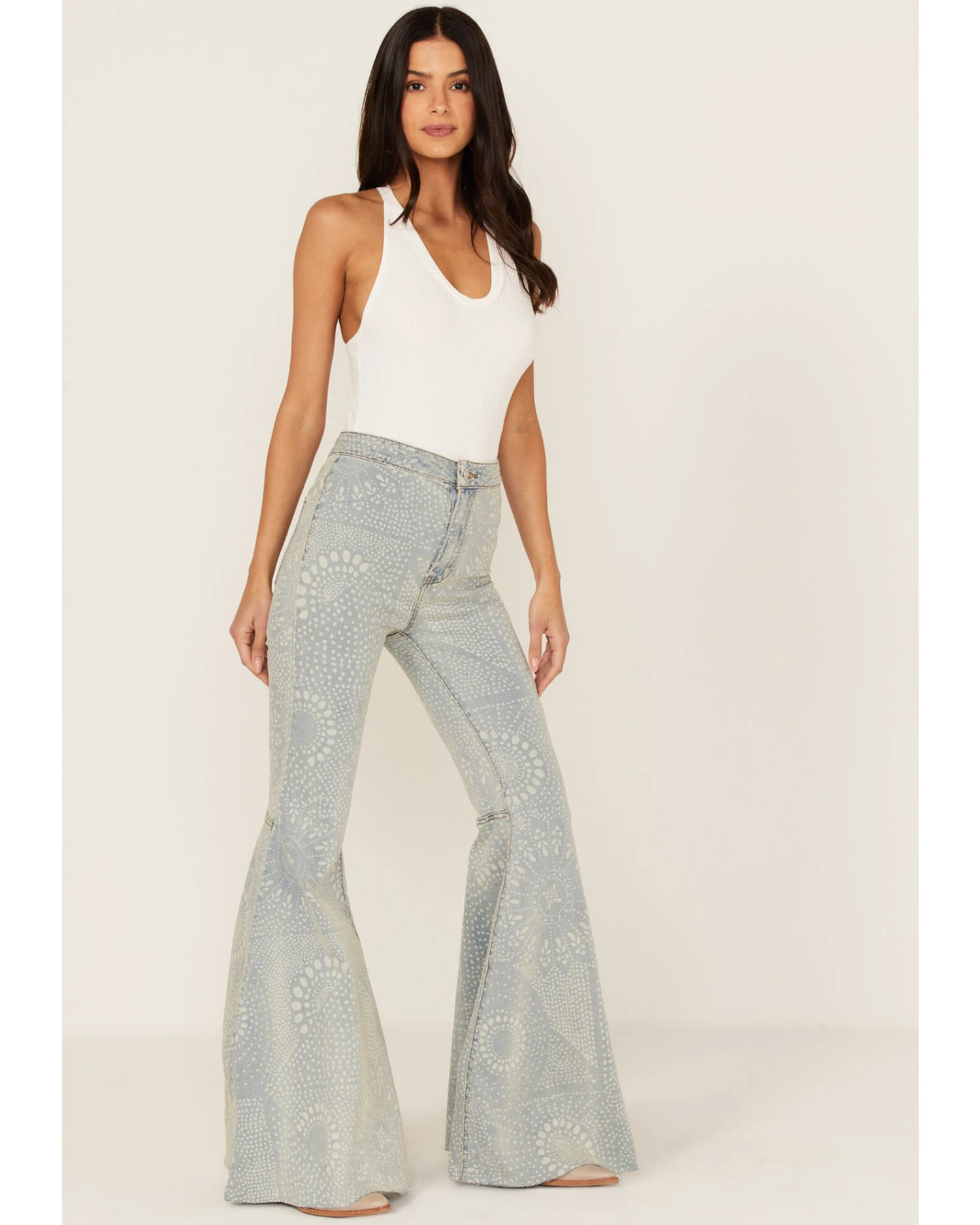 Free People Women's Light Wash High Rise Geo Print Just Float On Flare Jeans 3 Free People Women's Light Wash High Rise Geo Print Just Float On Flare Jeans