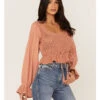 Free People Women's Megan Crochet Knit Peplum Puff Sleeve Top 1 Free People Women's Megan Crochet Knit Peplum Puff Sleeve Top -Cowboy Wear Shop 2000374746 103 P1