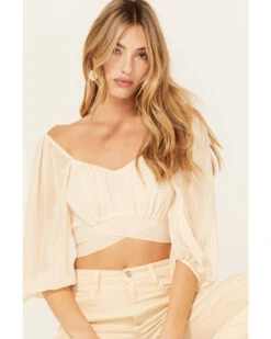 Beyond The Radar Women's Sheer Dot Puff Sleeve Crop Top