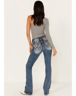 Miss Me Women's Medium Wash Mid Rise Embroidered Paisley Distressed Bootcut Jeans - Long