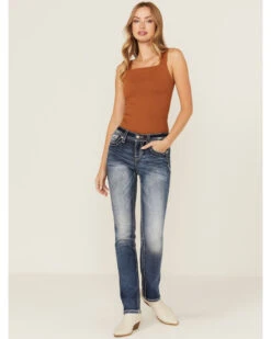 Miss Me Women's Dark Wash Mid Rise Embroidered Fleur De Lis Jeans -Cowboy Wear Shop 2000378173 401 P3