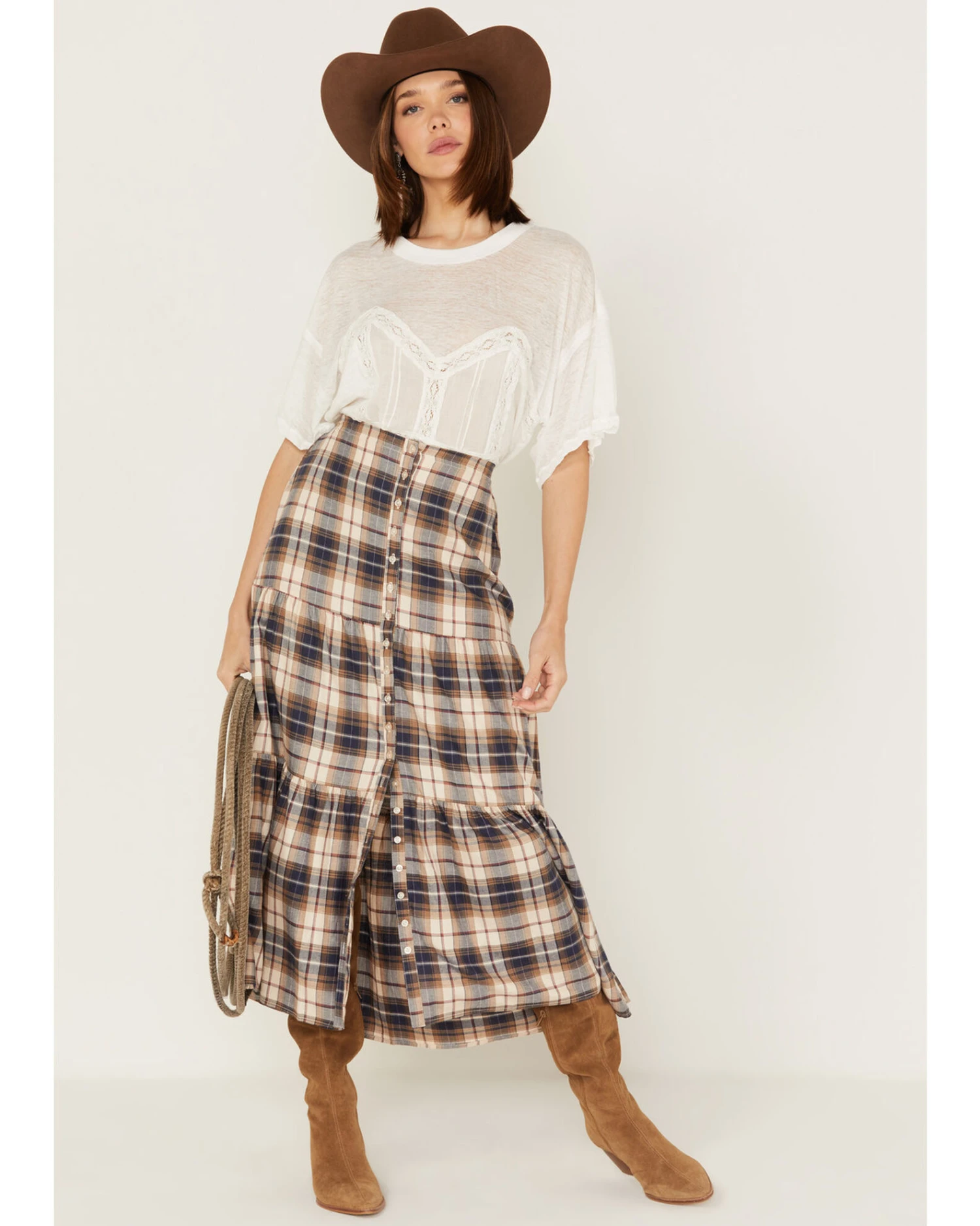 Cleo + Wolf Women's Plaid Print Button Front Midi Skirt 4 Cleo + Wolf Women's Plaid Print Button Front Midi Skirt - Image 2