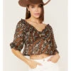 Wild Moss Women's Floral Print Tie-Front Peplum Crop Top -Cowboy Wear Shop 2000381596 001 P1