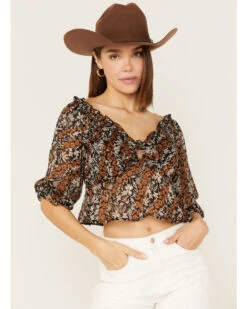 Wild Moss Women's Floral Print Tie-Front Peplum Crop Top