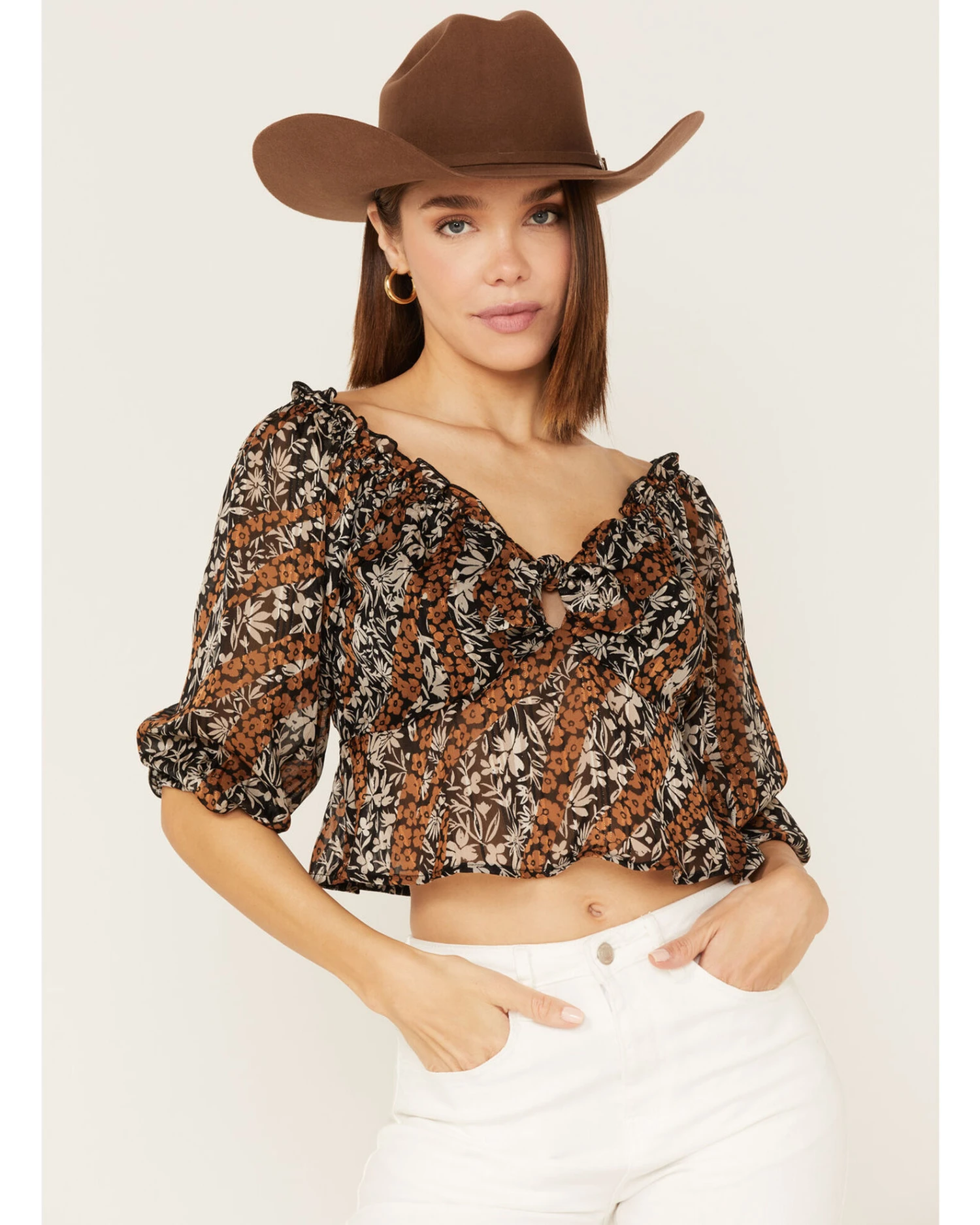 Wild Moss Women's Floral Print Tie-Front Peplum Crop Top 3 Wild Moss Women's Floral Print Tie-Front Peplum Crop Top