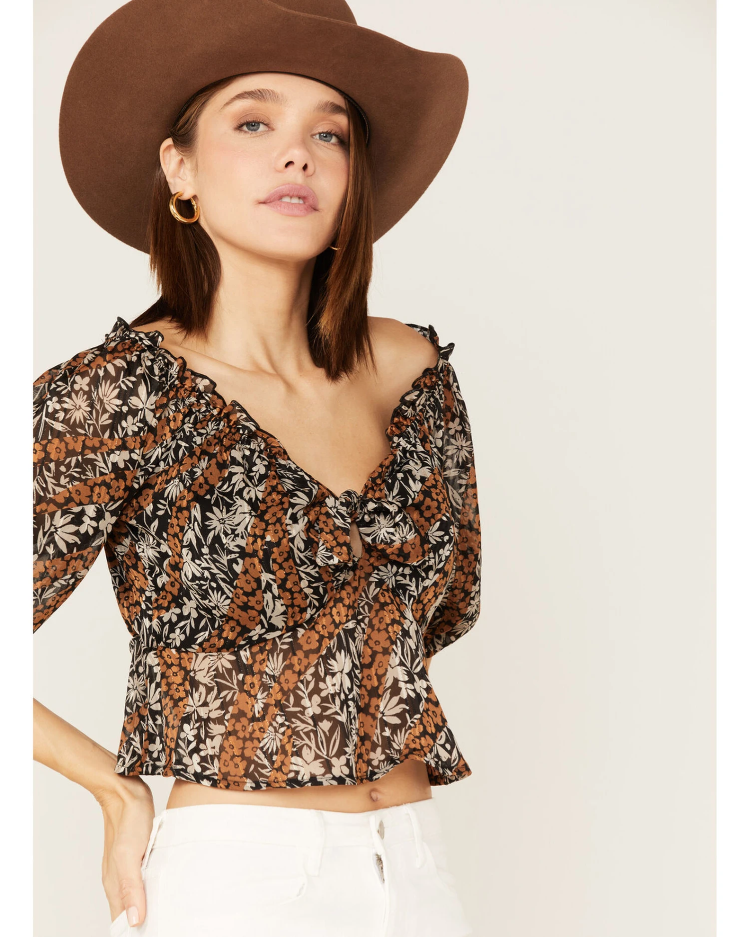 Wild Moss Women's Floral Print Tie-Front Peplum Crop Top 4 Wild Moss Women's Floral Print Tie-Front Peplum Crop Top - Image 2