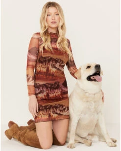 Rock & Roll Denim Women's Mesh Printed Long Sleeve Dress