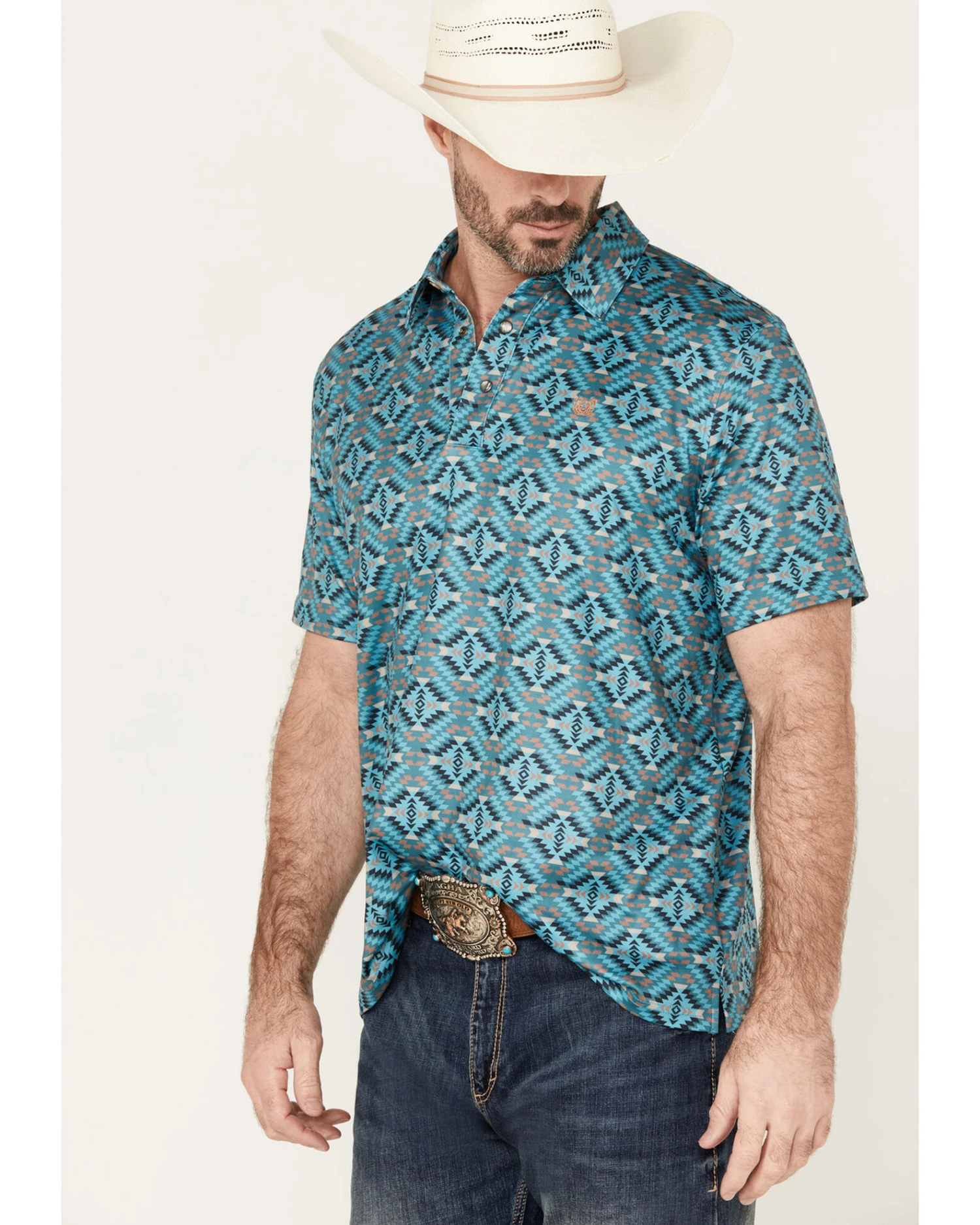 Panhandle Men's Southwestern Short Sleeve Pearl Snap Polo 4 Panhandle Men's Southwestern Short Sleeve Pearl Snap Polo - Image 2