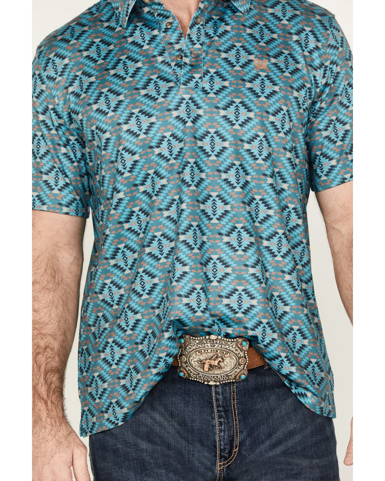 Panhandle Men's Southwestern Short Sleeve Pearl Snap Polo 5 Panhandle Men's Southwestern Short Sleeve Pearl Snap Polo - Image 3