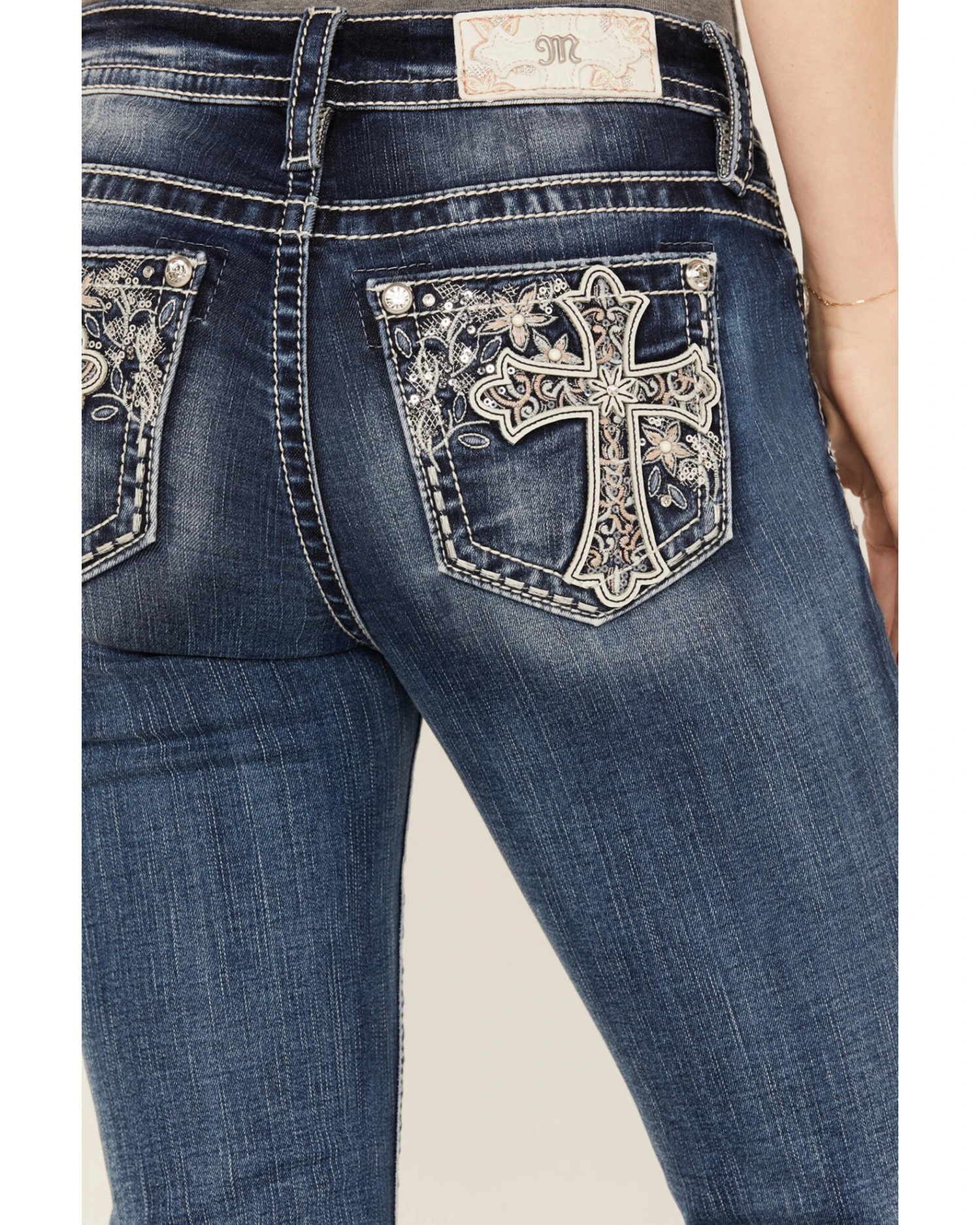 Miss Me Women's Dark Wash Mid Rise Non-Flap Pastel Cross Bootcut Jeans 4 Miss Me Women's Dark Wash Mid Rise Non-Flap Pastel Cross Bootcut Jeans - Image 2