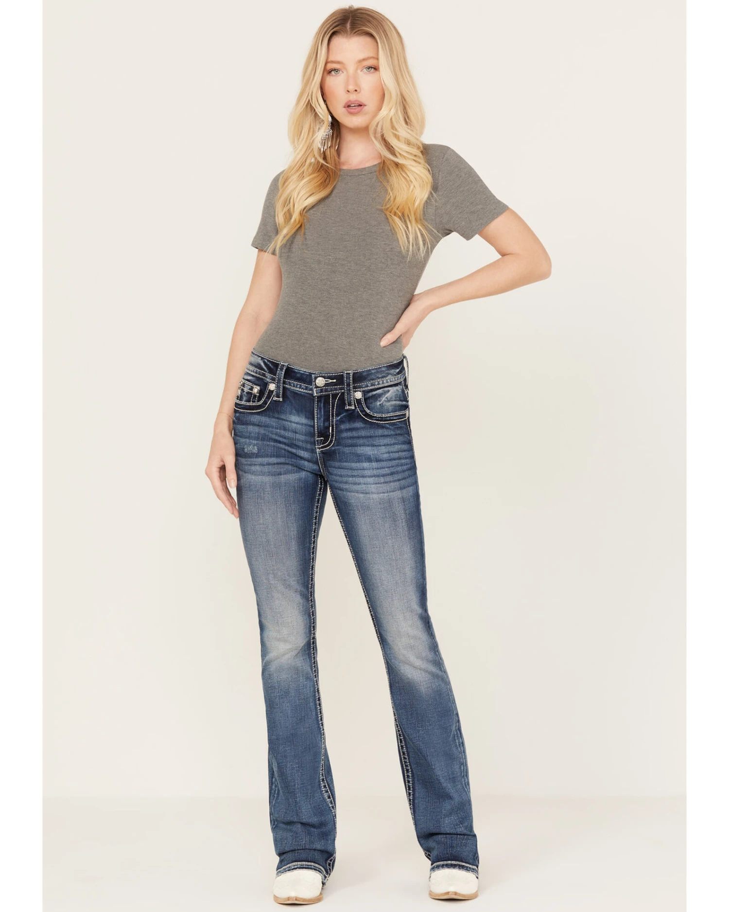 Miss Me Women's Dark Wash Mid Rise Non-Flap Pastel Cross Bootcut Jeans 5 Miss Me Women's Dark Wash Mid Rise Non-Flap Pastel Cross Bootcut Jeans - Image 3