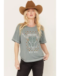 White Crow Women's Wild West Steer Head Skull Short Sleeve Graphic Tee