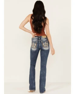 Miss Me Women's Dark Wash Mid Rise Double Horseshoe Stretch Bootcut Jeans