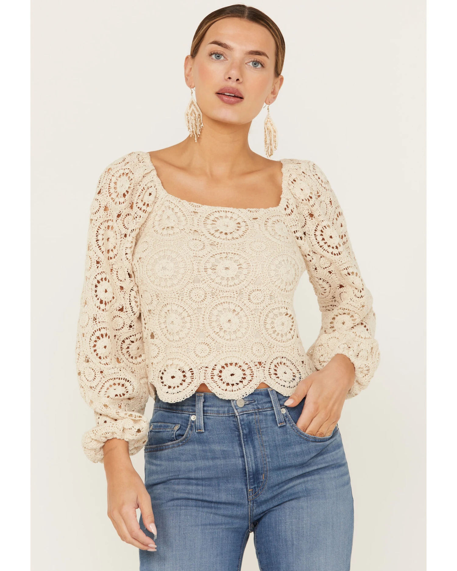 Flying Tomato Women's Crochet Long Sleeve Peasant Top 3 Flying Tomato Women's Crochet Long Sleeve Peasant Top