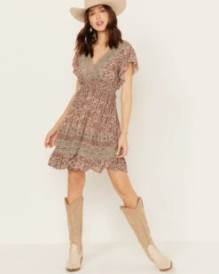 Angie Women's Flutter Sleeve Macrame Insert Floral Print Dress